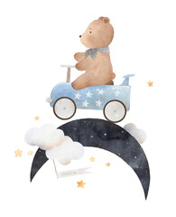 Cute little bear on the moon among the clouds and stars. Teddy bear and car. Watercolor illustration. Decor for a children's room.