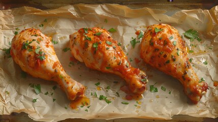 Three chicken legs rest on wax paper ready to be cooked in a savory dish