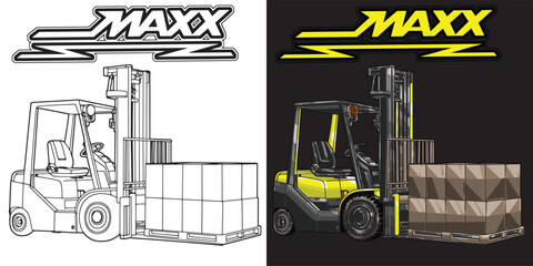 Outline and painted Forklift. Isolated in black background, for t-shirt design, print, and for business purposes.