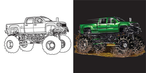 Outline and painted truck splash. Isolated in black background, for t-shirt design, print, and for business purposes.