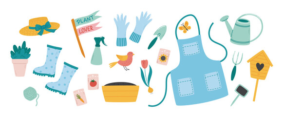 Set of gardening accessories and tools. Plants and garden hobby elements. Flat vector illustrations collection