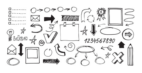 Big set of hand drawn elements for business or school notes. Sketches for illustration of information. Sketch noting