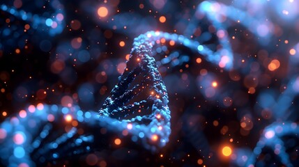 An abstract visualization of a glowing DNA double helix, symbolizing the building blocks of life amidst a bokeh of sparkling lights, reflecting the profound complexity of genetic science.