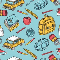 school doodle pattern, light blue background, seamless repeating patterns