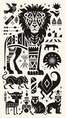 A monochromatic abstract illustration featuring African motifs and symbols with a lion as the central figure.