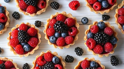 Obraz premium Berry tartlets on a white wooden surface