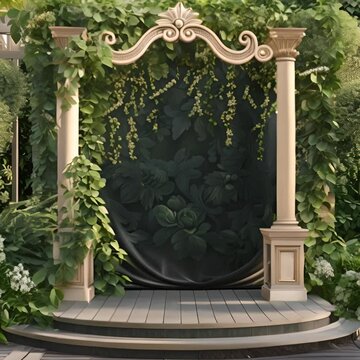 A realistic rendering of a garden wedding arch. The arch is made of white marble and is covered in climbing ivy.
