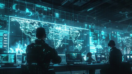 A futuristic depiction of combat in a cyber warfare operations center, with analysts and soldiers coordinating digital attacks and defenses, showcasing the evolving face of warfare in the digital age.