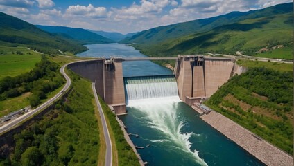 Hydroelectric dam on a river, aerial view of turbines generating hydroelectric power, dam isolated in a lush green valley.