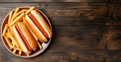 Studio Photo Of Hot Dogs And French Fries On a Plate, Wooden Background With Copy Space, Top View