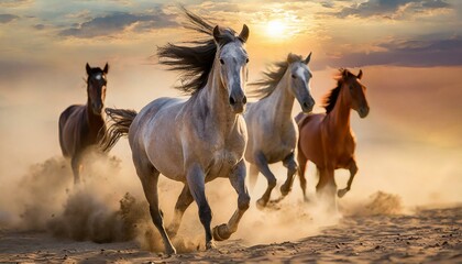 Portraits of Horses with Flowing Manes Running Across the Desert"