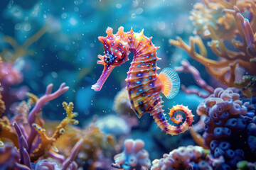 Image for 3d floor. Underwater world. Seahorse. corals.