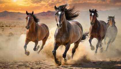 Portraits of Horses with Flowing Manes Running Across the Desert"