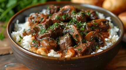 beef cooked in a  sauce with mushrooms onions
