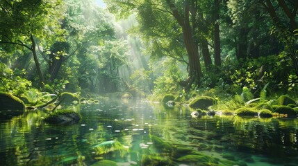 Fototapeta na wymiar A tranquil river winding through a sun-dappled forest, with lush greenery reflecting in the crystal-clear waters beneath a canopy of towering trees.
