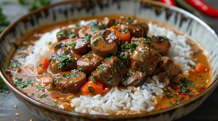 beef cooked in a  sauce with mushrooms onions
