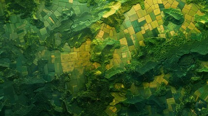 Aerial view of vivid green farmland fields in a charming european countryside village - obrazy, fototapety, plakaty