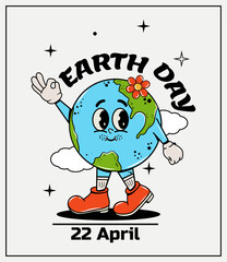 Trendy Character in groovy style. Elements of y2k design. Earth Day. Vector illustration. Retro and hippie style. 70s, 80s, 90s. The planet shows that everything is ok. Moisture and climate. Eco