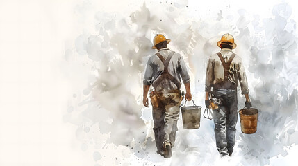 Two construction workers in hard hats and overalls, walking with buckets in their hands, depicted in a stylized watercolor illustration with a blurred, neutral background