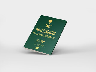 Saudi Arabia passport floats in the air on a wooden table, International passport mockup in document for travel