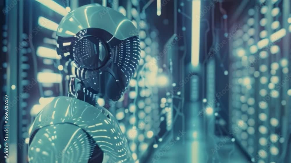 Poster Robot Standing Before Row of Servers