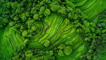 Scenic aerial view of lush green farmland fields in a typical european countryside village setting - obrazy, fototapety, plakaty