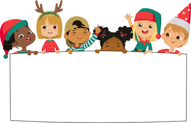Multicultural kids Christmas Elves hold a blank board. Cute little kids on a white background show a blank poster for text entry. Inclusive education. Banner. Cartoon Vector illustration. Isolated. - 786247839