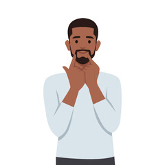 Young man character happy and giving smile using his hand pointing to his mouth. Flat vector illustration isolated on white background