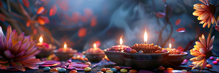 Diwali lightswith candles sat on a red pattern, diwali stock imag es, realistic - obrazy, fototapety, plakaty
