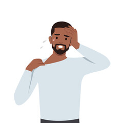 Obraz premium Young black man exhausted holding his head being hot. Flat vector illustration isolated on white background