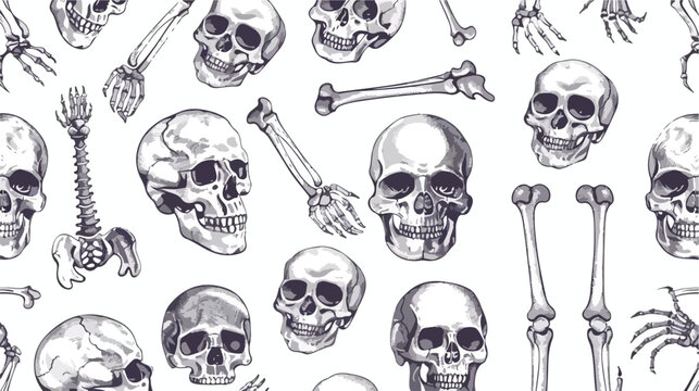 Vector human skeleton seamless pattern with skulls 
