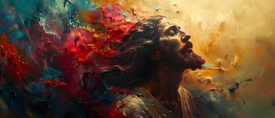Abstract Divinity: Colorful Chaos Surrounds Jesus. Concept Religious Art, Abstract Interpretation, Christianity, Vibrant Colors