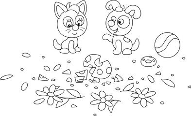 Frolicsome little kitten and puppy looking at fragments of a broken beautiful vase with flowers after a merry game with a toy ball, black and white vector cartoon illustration for a coloring book