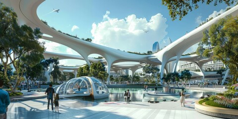 A futuristic public square where people step onto high-speed, zero-emission maglev trains, the station's design blending seamlessly with the surrounding green architecture.