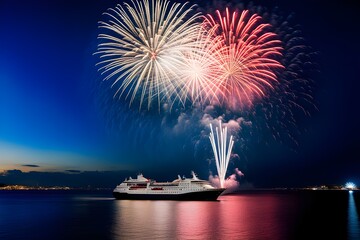 sea, ship, fireworks
