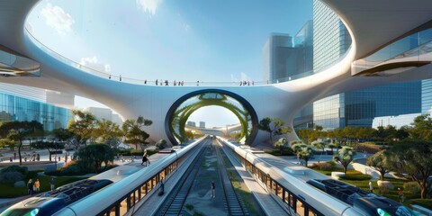 A futuristic public square where people step onto high-speed, zero-emission maglev trains, the station's design blending seamlessly with the surrounding green architecture.