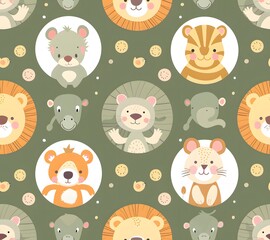 seamless pattern baby jungle animals in circular shapes