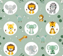 seamless pattern baby jungle animals in circular shapes
