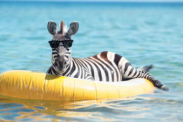 Naklejka premium zebra in sunglasses lies on an air mattress in the sea - vacation on the beach