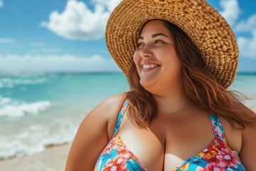 Portrait of a happy plus sized young woman with a straw hat in a colorful bikini swimsuit on a tropical beach. Summer vacation and good vibes