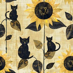 seamless pattern of black cats and sunflowers on burlap