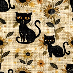 seamless pattern of black cats and sunflowers on burlap