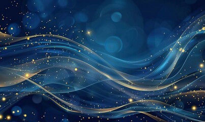 Blue luxury waves background with golden lines and light effect with shimmering bokeh elements.