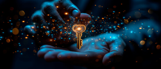 Businessman hold key concept for success, business plan and action strategy on dark background with copy space area