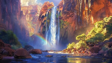 Landscape photograph showcasing the majestic beauty of a towering waterfall cascading down rugged cliffs into a crystal-clear pool below, with mist rising into the air and rainbows. - obrazy, fototapety, plakaty