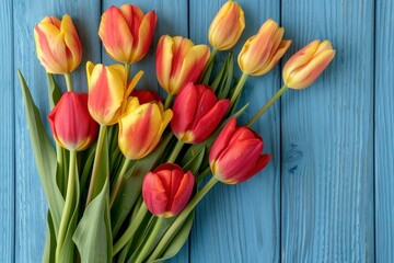 Spring Holiday background. Colorful tulips on a blue wooden background, top view. Greeting card with space for text. Valentine's Day, Woman's Day, Mother's Day, Easter.