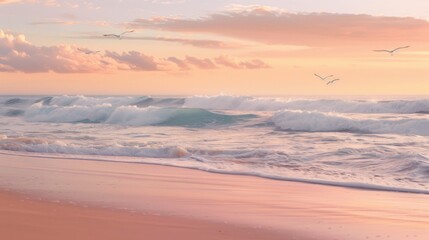 Fototapeta na wymiar Secluded beach bathed in the soft light of dawn, with gentle waves lapping against the shore and seagulls soaring against a pastel-colored sky.
