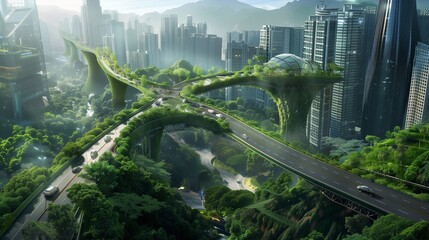 A green, sustainable highway blends harmoniously with a bustling cityscape, promoting eco-conscious urban living.