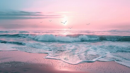 Secluded beach bathed in the soft light of dawn, with gentle waves lapping against the shore and seagulls soaring against a pastel-colored sky. - obrazy, fototapety, plakaty