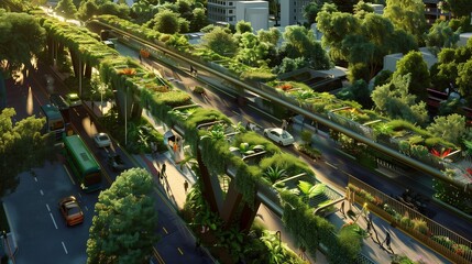 A verdant bridge connects lush green spaces over a bustling, sustainable urban highway.